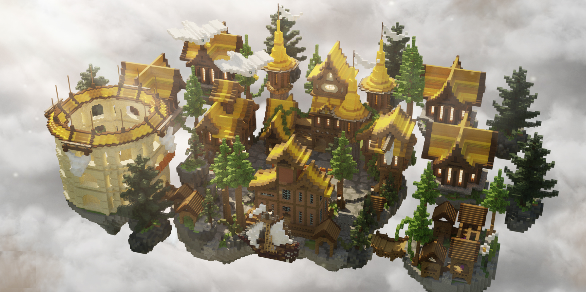 Alense Island floating village with golden roofs, trees, and PVP arena in a pixel art style