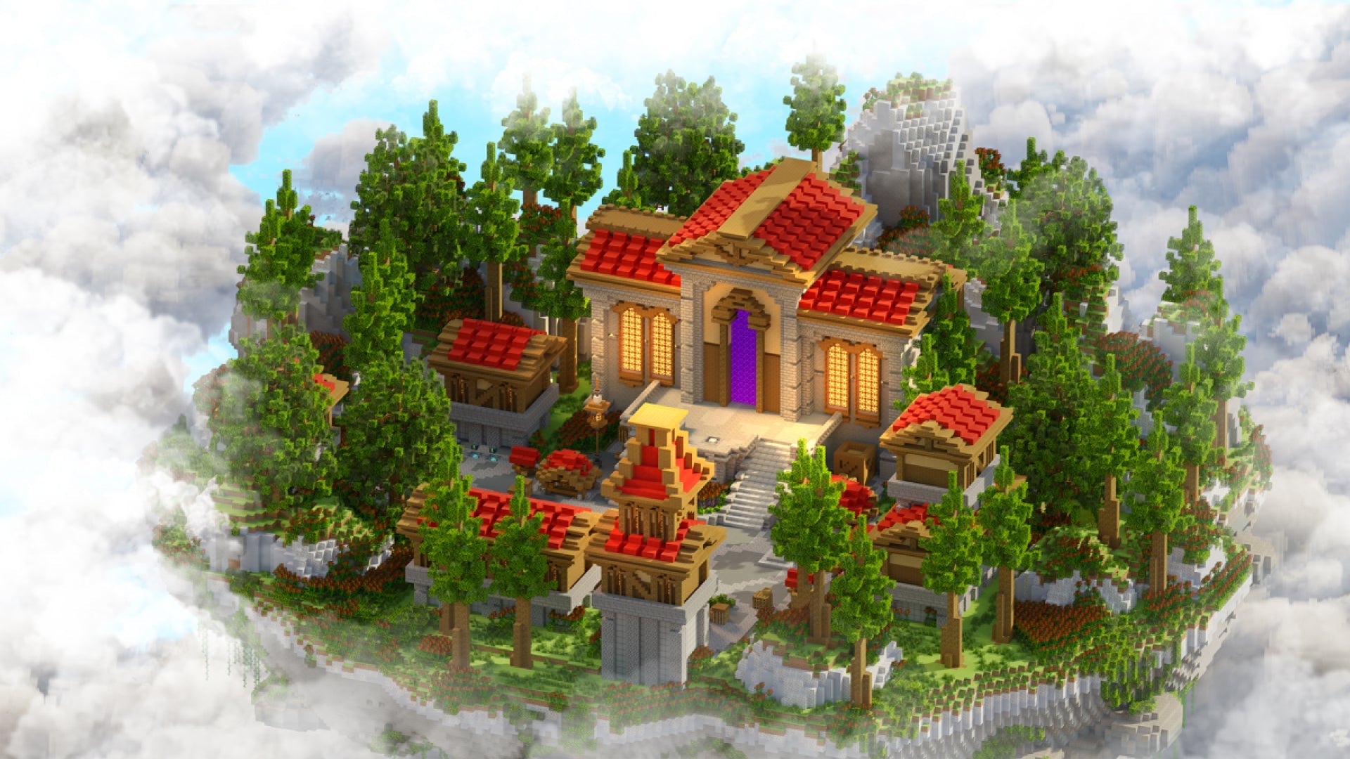 Ruby Island floating structure with red-roofed buildings, trees, and a glowing portal surrounded by clouds