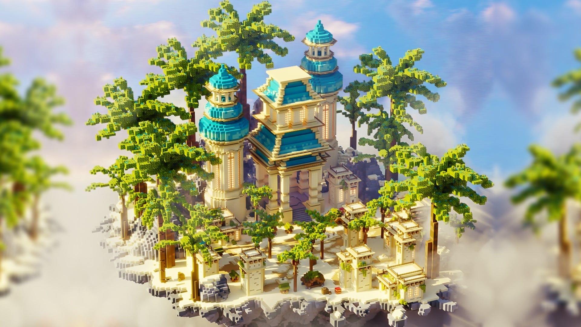 3D tropical island with towers, palm trees, market, and blackmarket game area