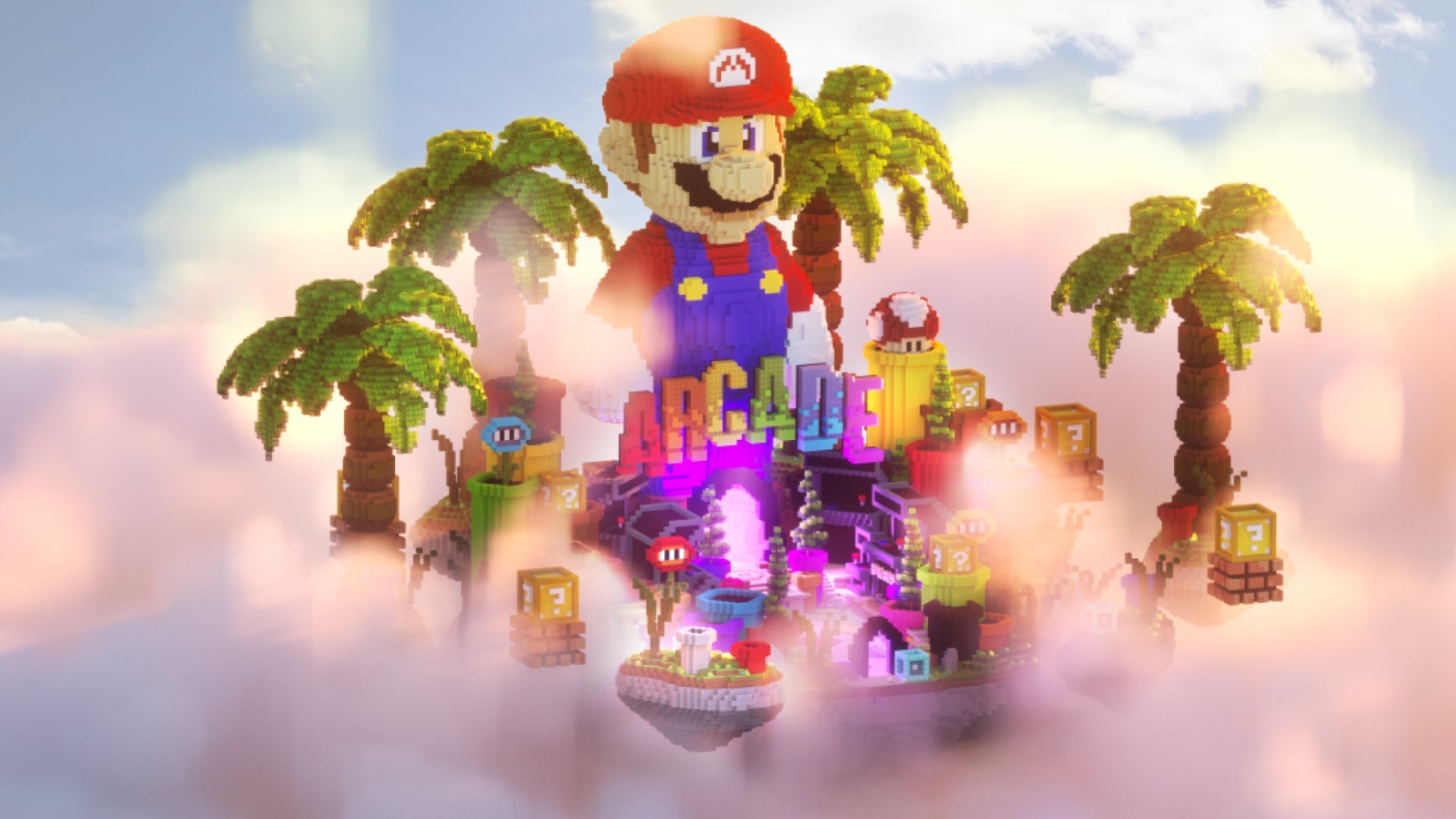 Arcade Island gaming world with pixelated Mario, palm trees, portals, crates, and colorful leaderboard in a floating island design