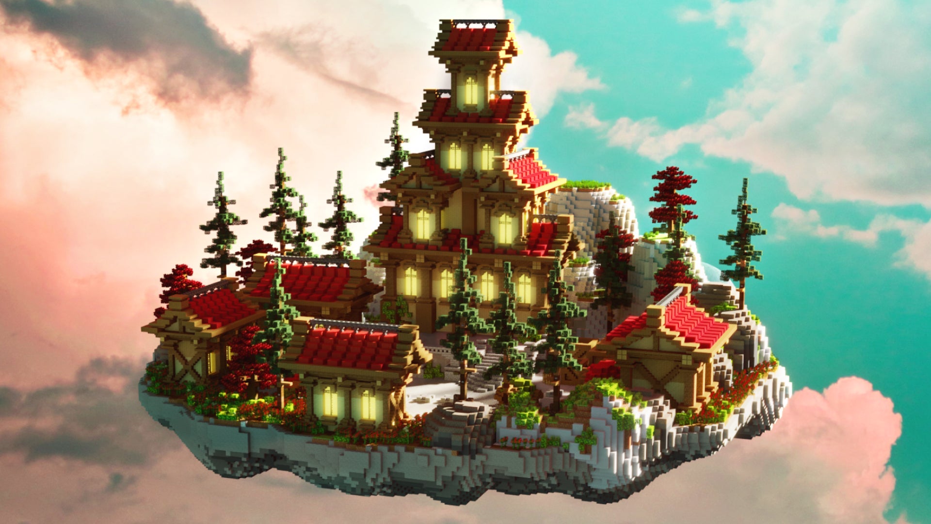Floating voxel-style spawn area with imperial house, NPCs, crates, market, and trees