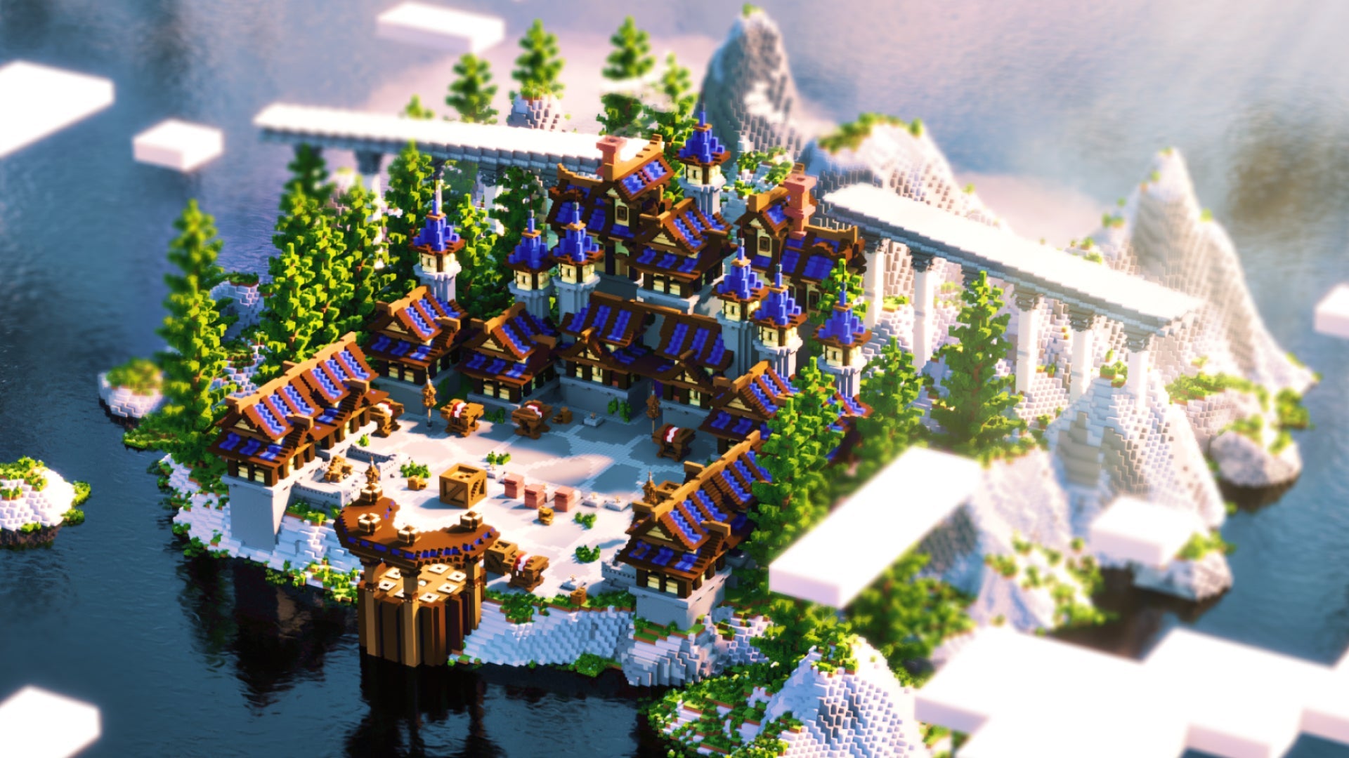 3D pixel art Blue Village spawn area with buildings, market, portal, crates, and trees on an island surrounded by water and mountains