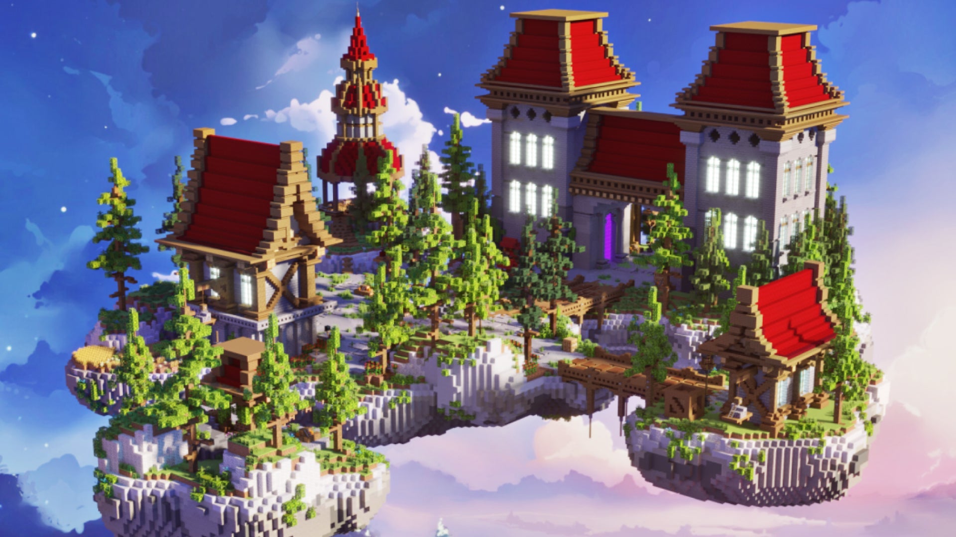 Red Tower Island floating Minecraft build with red-roofed towers, trees, bridges, and glowing windows under a starry sky