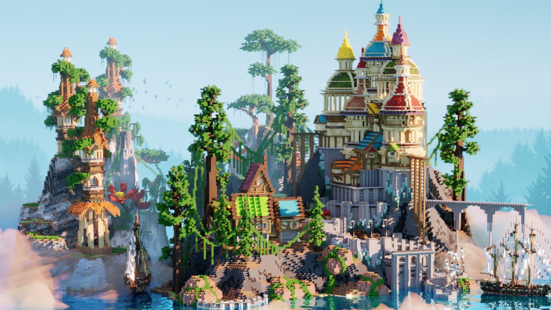 Tropical Castle Minecraft build with harbor, boats, crates, NPCs, and lush trees on rocky island