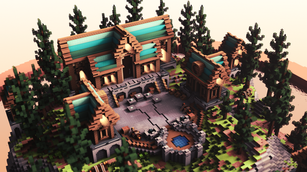 Azure Circle voxel village with teal roofs, stone courtyard, trees, and crates in a forest setting