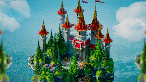 Imperial Castle 3D build with red-topped towers, surrounded by trees and water, featuring NPCs, crates, portal, and boat spawn area