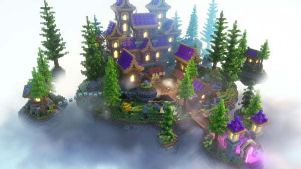 Magical Island spawn area with NPCs, crates, leaderboard, and fantasy buildings surrounded by trees and mist