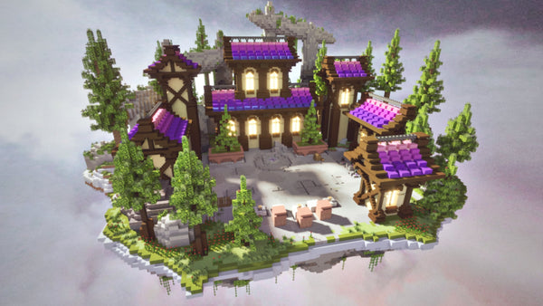 Colorful Ruined Arch voxel village with stone structures and purple roofs surrounded by trees