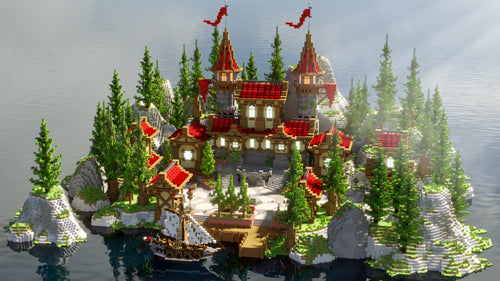 Imperial Island with castle, trees, boat dock, and surrounding water.