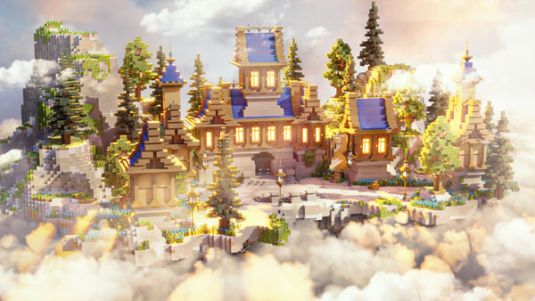 Sapphire Spawn Area with voxel buildings, trees, and glowing windows in a floating landscape above clouds