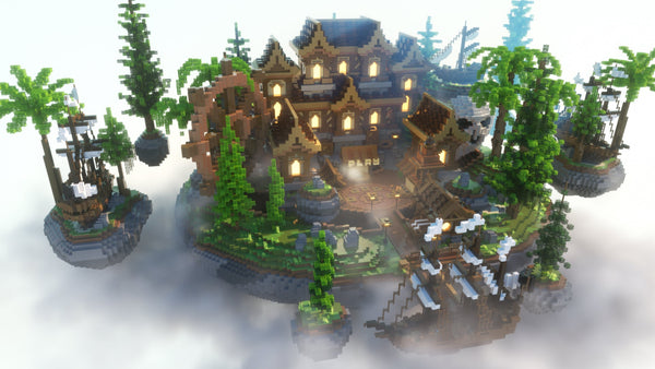 Pirate Island 3D voxel style game map with buildings, trees, ships, and floating islands above clouds