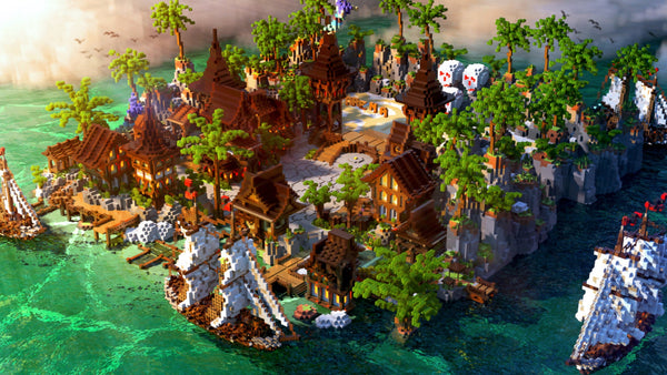 Pandora Survival game island with NPCs, crates, leaderboard, and PVP arena near water and ships