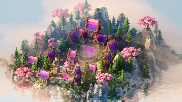 Colorful Island with pink sakura trees, purple-roofed buildings, surrounded by pine trees and rocky cliffs over water