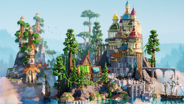 Tropical Castle Minecraft build with harbor, boats, crates, NPCs, and lush trees on rocky island