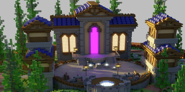 Cobalt Circle Minecraft build with spawn area, five NPCs, two crates, and glowing purple portal entrance.