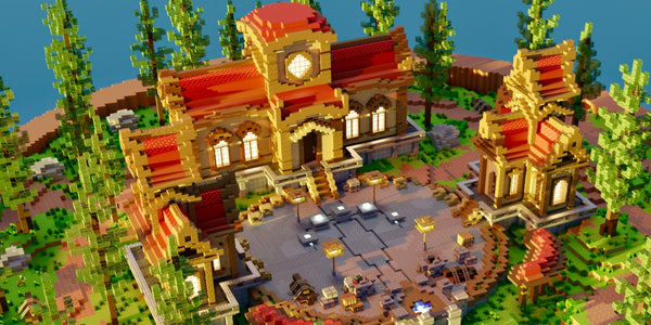 Red Circle voxel game spawn area with buildings, 5 NPCs, 2 crates, and surrounding trees